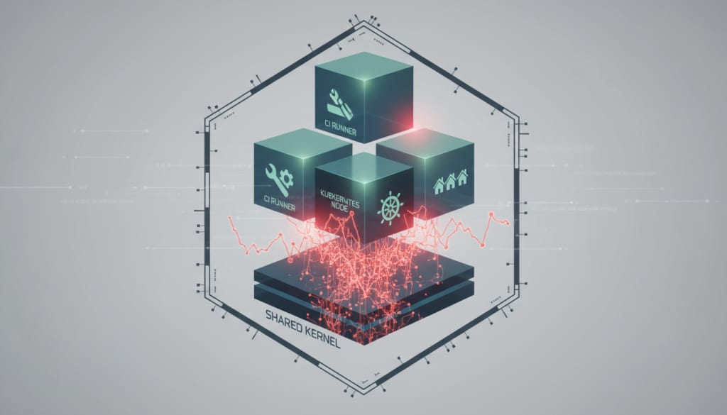 AI-generated visual of shared-kernel risk across containers, CI runners, and multi-tenant Linux hosts