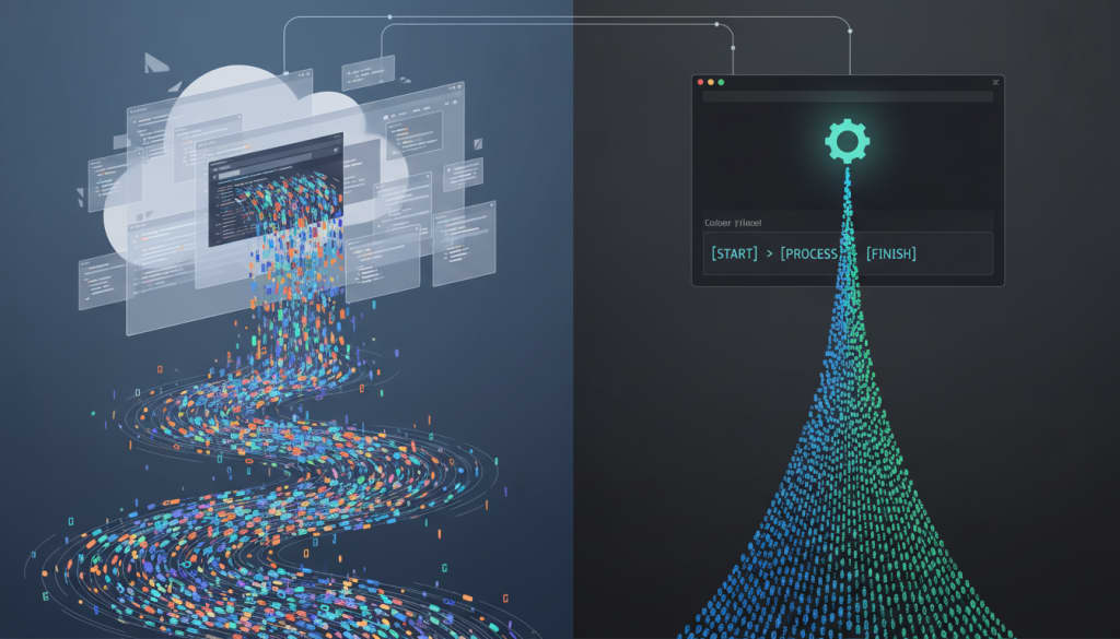 AI-generated visual of bloated token streams versus compact execution-focused model behavior