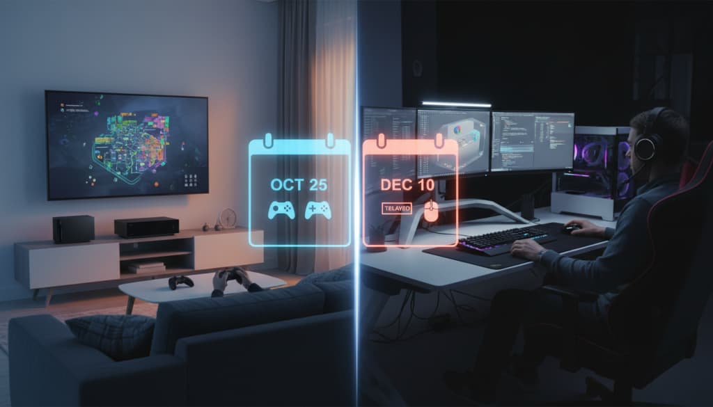 AI-generated editorial visual of console-first release strategy versus PC demand for a major blockbuster game