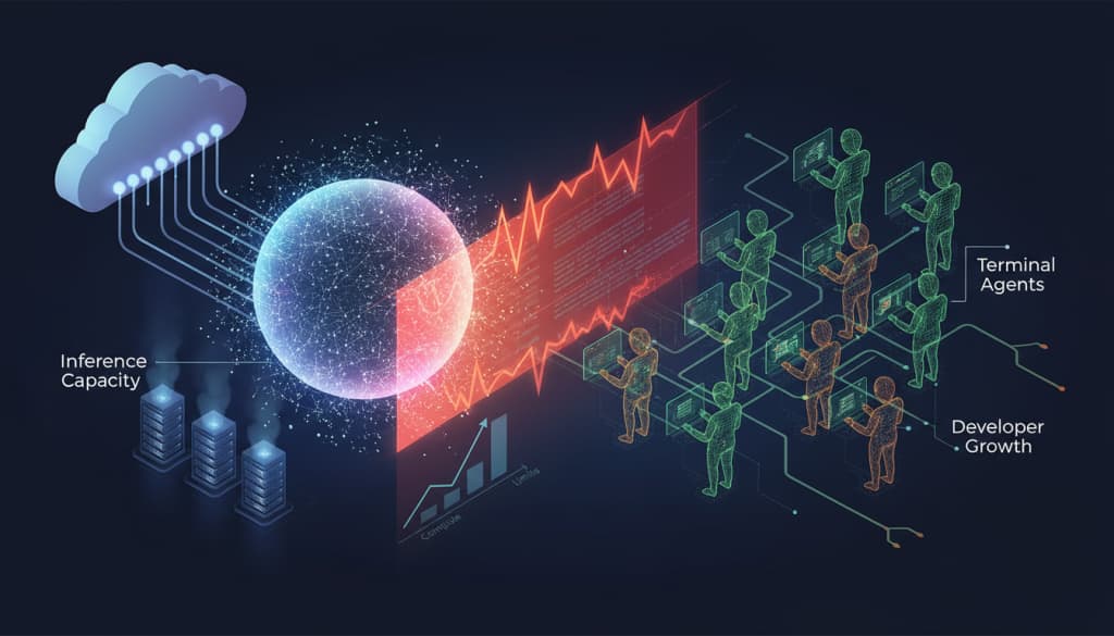 AI-generated visual of the business tension between coding-agent demand growth and backend compute supply