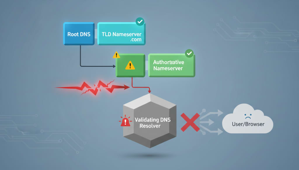 AI-generated visual of a broken DNSSEC trust chain causing resolvers to reject otherwise healthy domain responses