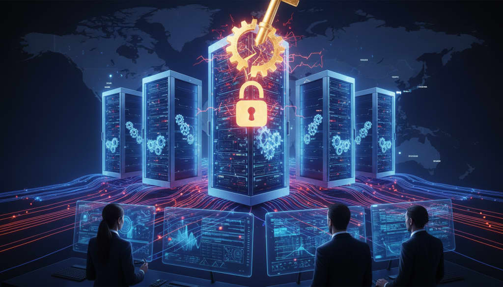 AI-generated visual of cryptographic key rotation risk across registry operations and multiple authoritative name servers