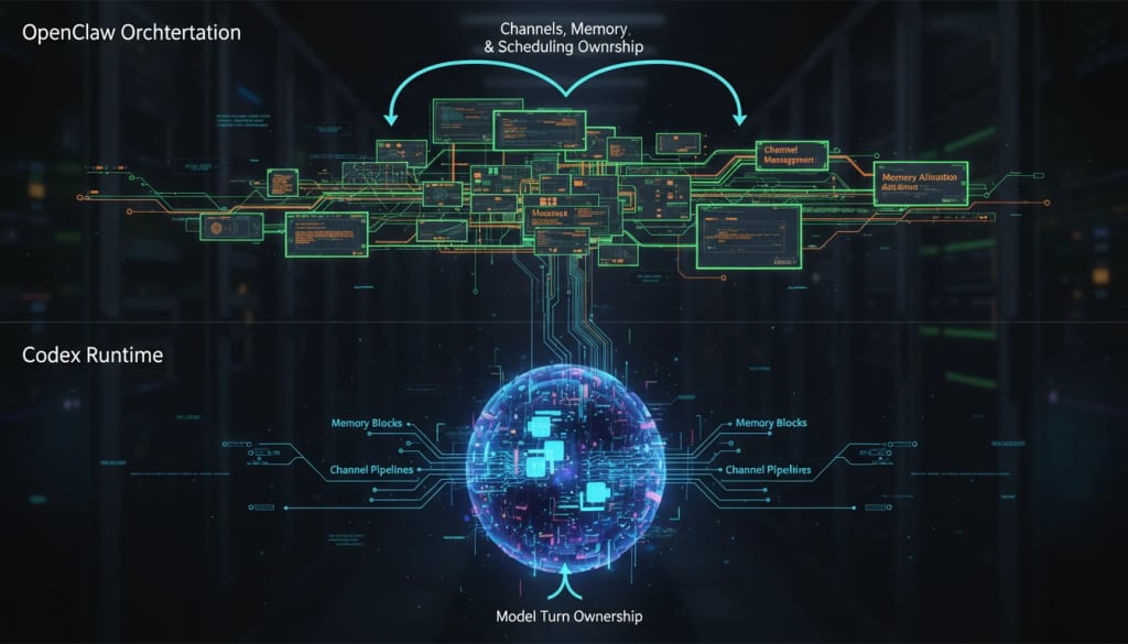 AI-generated diagram-style visual showing the split between Codex runtime and OpenClaw orchestration