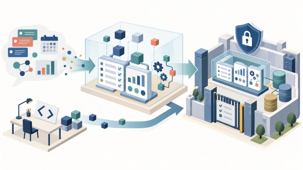 Concept illustration: Code turns natural-language requests into governed apps