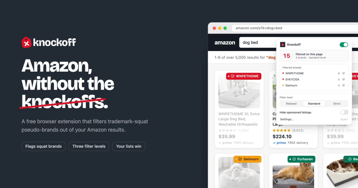 Filter Amazon pseudo-brands before you buy with Knockoff