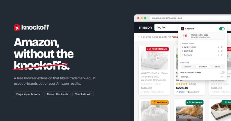 Filter Amazon pseudo-brands before you buy with Knockoff