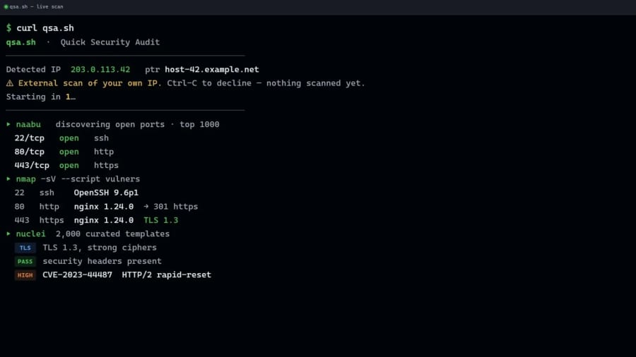 Scan your server's public attack surface from the terminal with qsa.sh