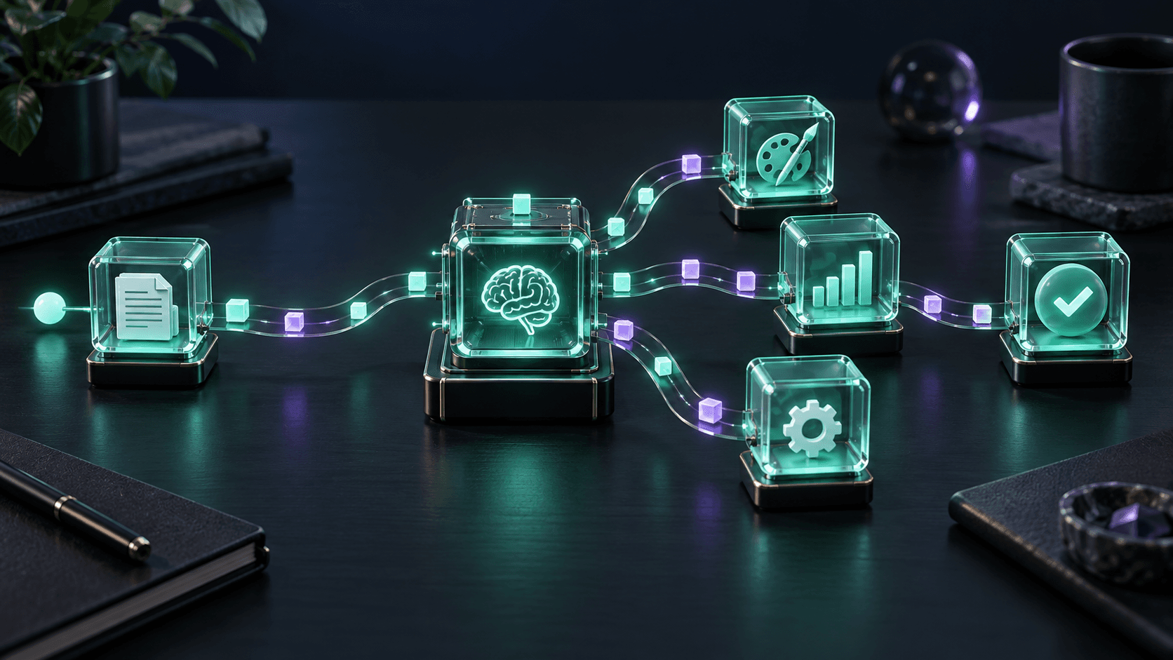 AI-generated editorial illustration: connected software tools and automated workflows. Not a product screenshot.