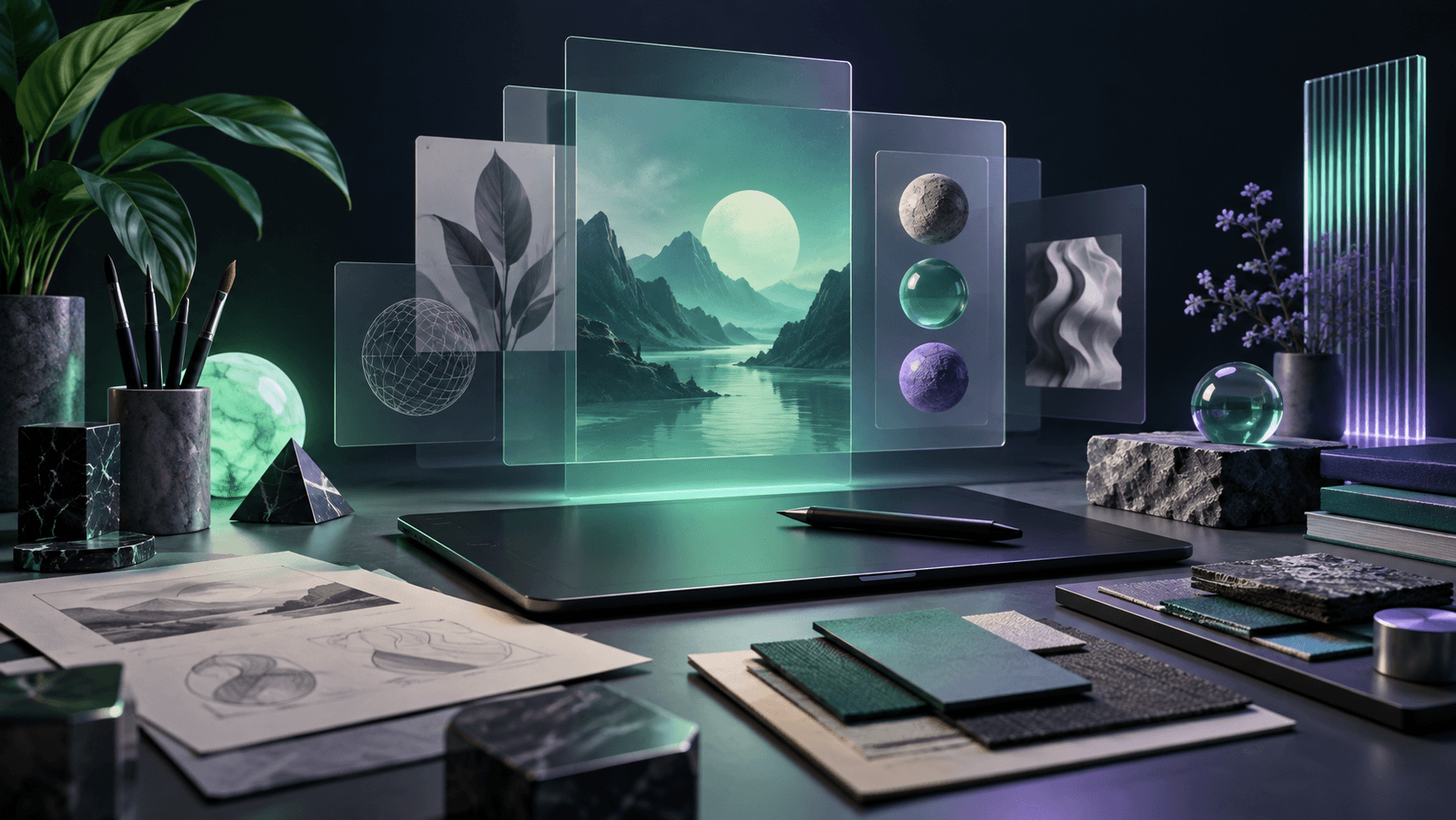 AI-generated editorial illustration: digital design and creative work. Not a product screenshot.