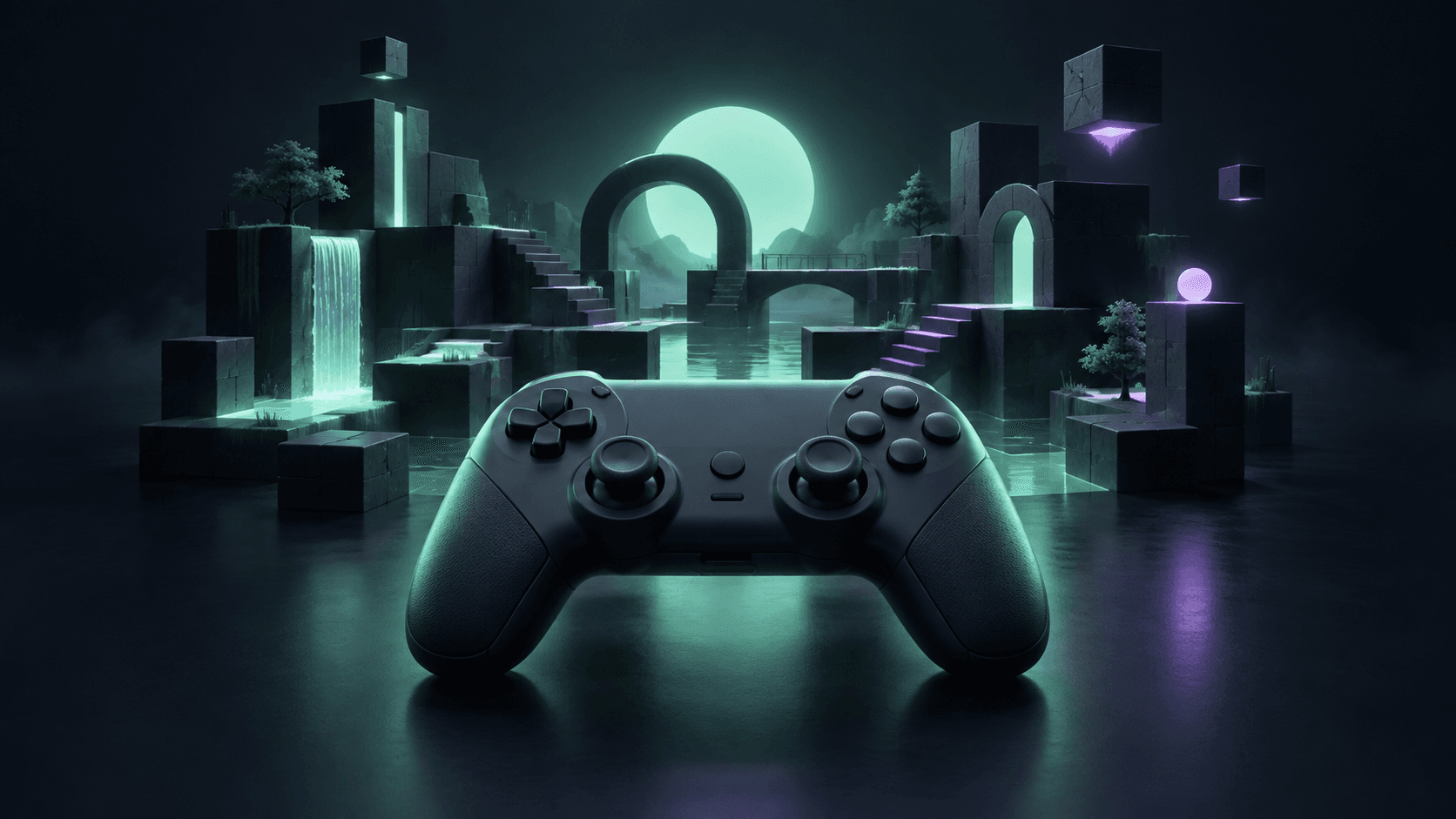 AI-generated editorial illustration: games and interactive worlds. Not a product screenshot.