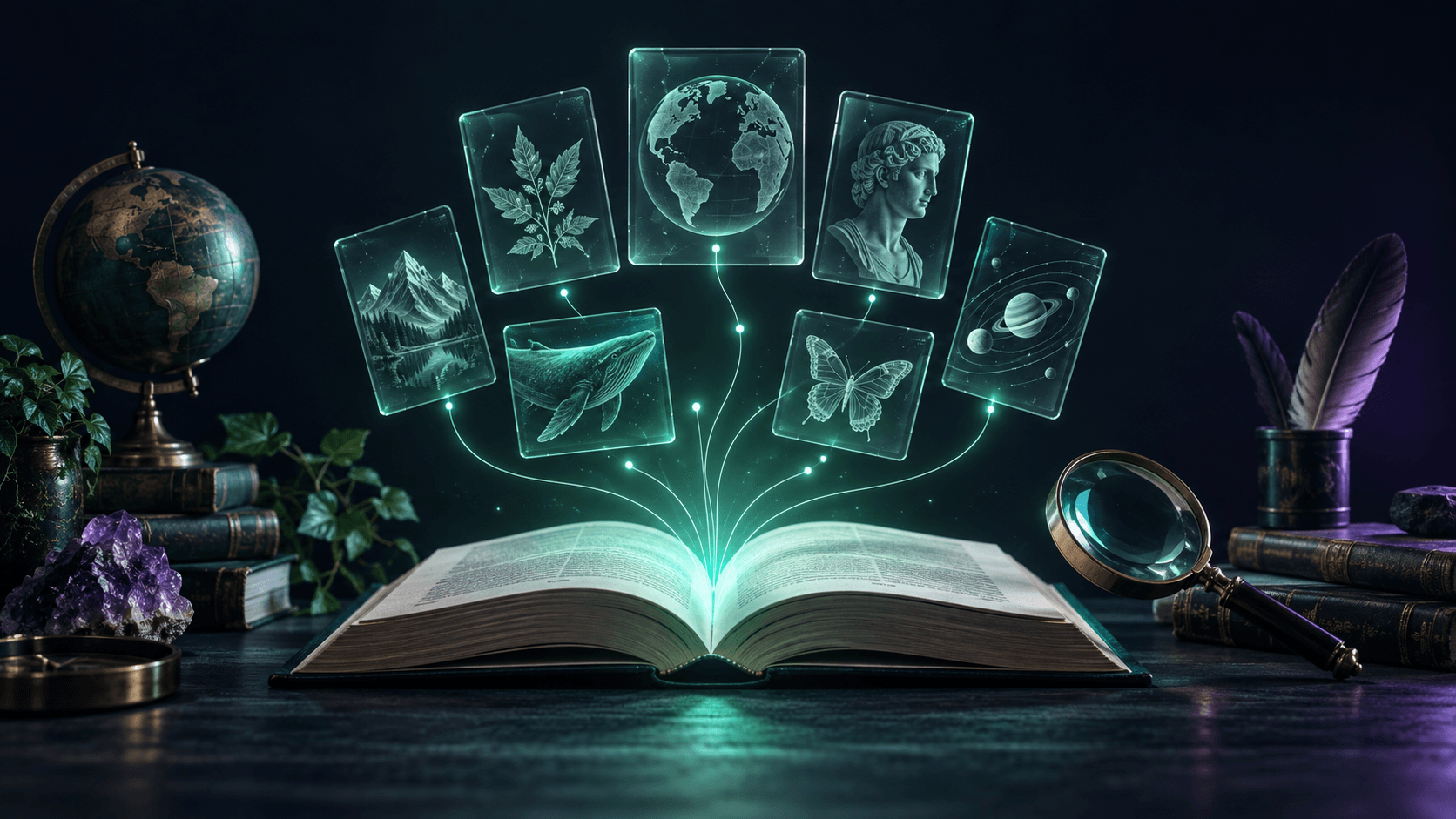 AI-generated editorial illustration: learning and connected reference material. Not a product screenshot.